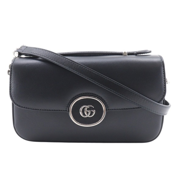 Gucci Petit GG Shoulder Bag Double G 2-Way 739722 Leather Black Flap G...